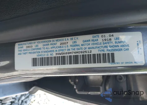 2004 Volkswagen Jetta Gls 2.0L z USA, uszkodzony, nr VIN 3VWSK69M74M092512